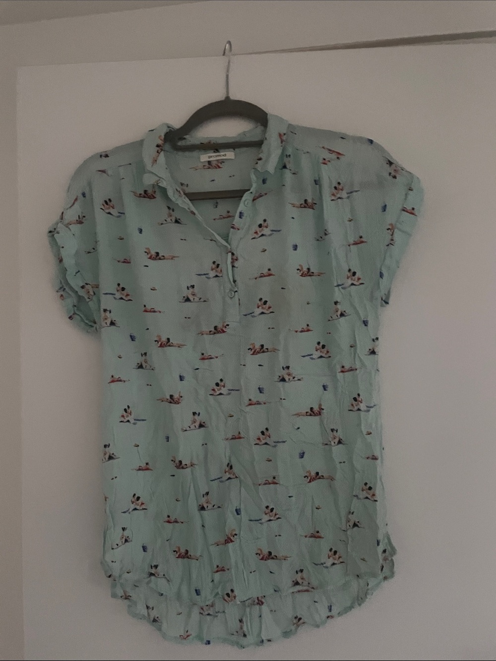 Promod Light Aqua Henley Top with Tiny Beach Motif